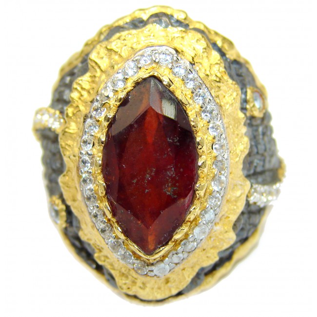 Large genuine Ruby 14K Gold over .925 Sterling Silver Statement Italy made ring; s. 9 3/4