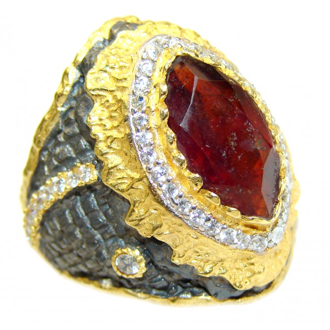 Large genuine Ruby 14K Gold over .925 Sterling Silver Statement Italy made ring; s. 9 3/4
