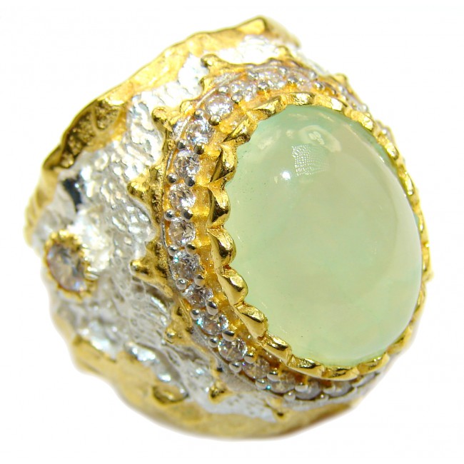 Huge Prehnite 14K Gold over .925 Sterling Silver Italy handmade Cocktail Ring s. 8