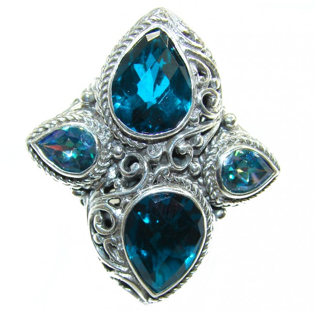 HUGE Top Quality Magic Volcanic Blue Topaz .925 Sterling Silver handcrafted Ring s. 7