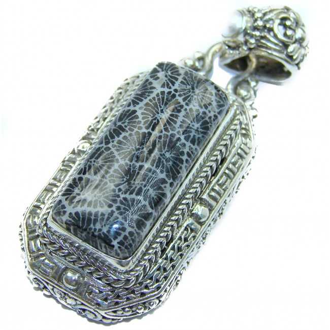 Excellent Black Fossilized Coral .925 Sterling Silver handcrafted pendant