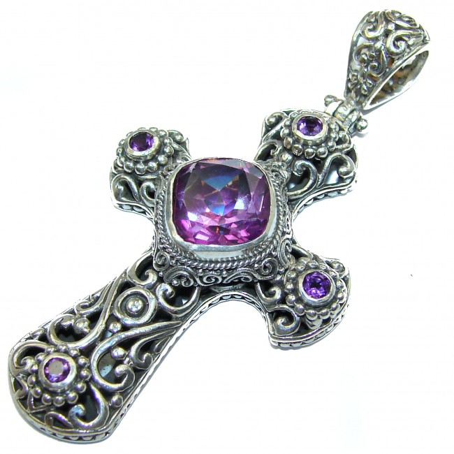 Holy Cross genuine Pink Topaz .925 Sterling Silver handmade pendant