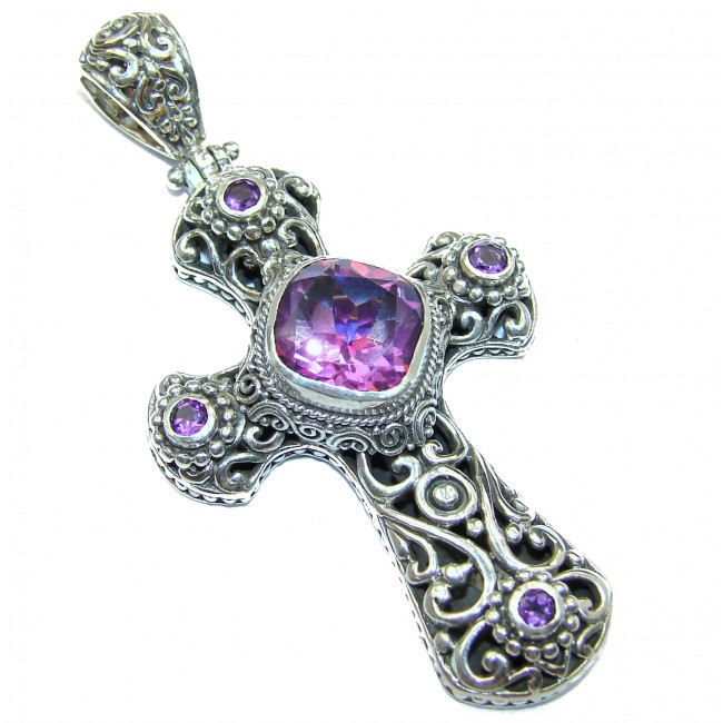 Holy Cross genuine Pink Topaz .925 Sterling Silver handmade pendant