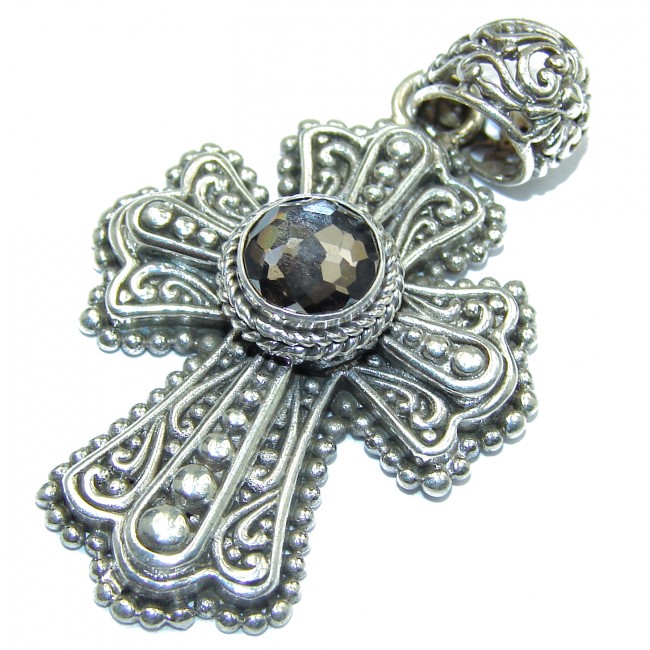 Holy Cross genuine Smoky Topaz .925 Sterling Silver handmade pendant