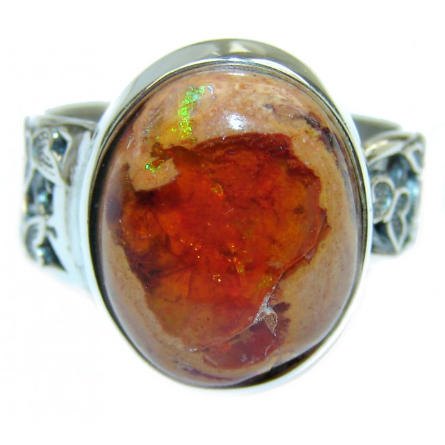 New Design Genuine Mexican Opal .925 Sterling Silver handmade Ring size 7 adjustable