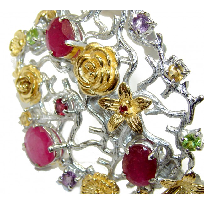 Big Dreamer Red Ruby 14K Gold over .925 Sterling Silver handcrafted Statement Bracelet / Cuff