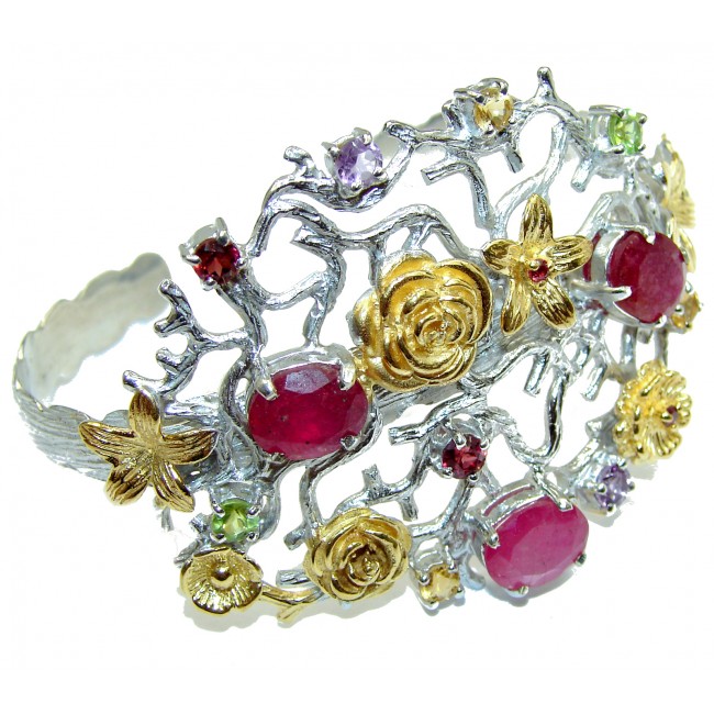 Big Dreamer Red Ruby 14K Gold over .925 Sterling Silver handcrafted Statement Bracelet / Cuff