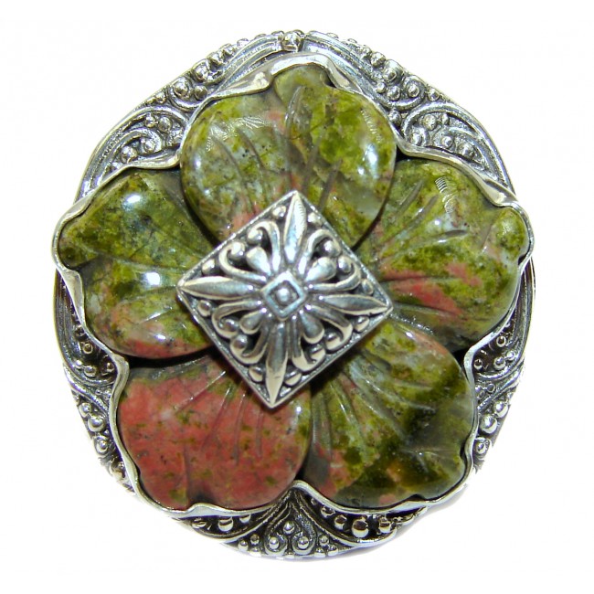 HUGE Great CARVED Russian Unakite .925 Sterling Silverhandcrafted Ring size 8