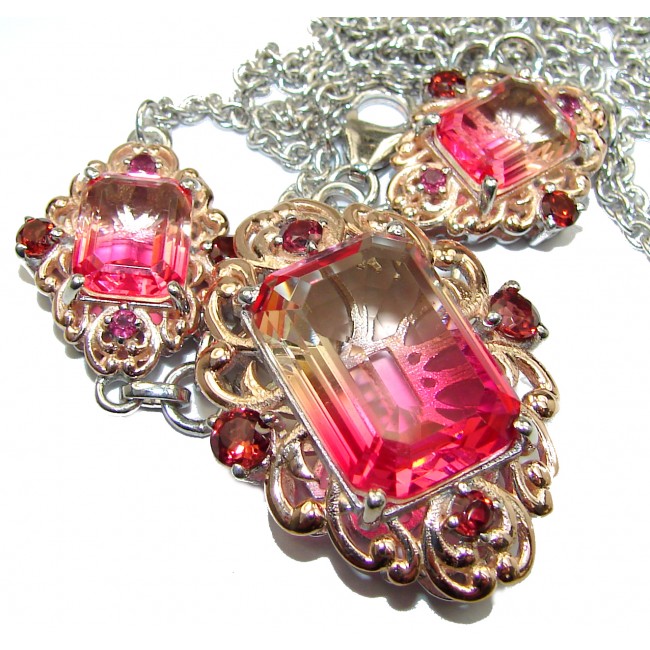 Octagon cut Pink Tourmaline color Topaz .925 Sterling Silver handcrafted necklace