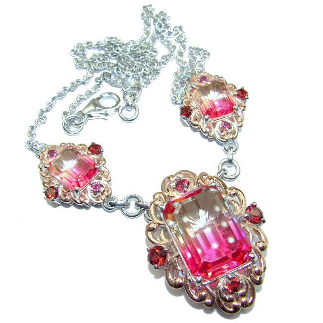 Octagon cut Pink Tourmaline color Topaz .925 Sterling Silver handcrafted necklace