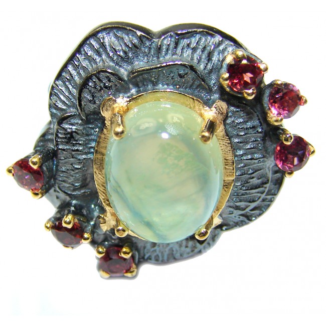 Natural Moss Prehnite Peridot 14K Gold over .925 Sterling Silver handmade ring s. 8 adjustable