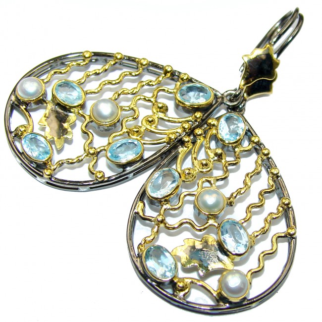 Large Impressive genuine Swiss Blue Topaz 14k Gold over .925 Sterling Silver handmade earrings