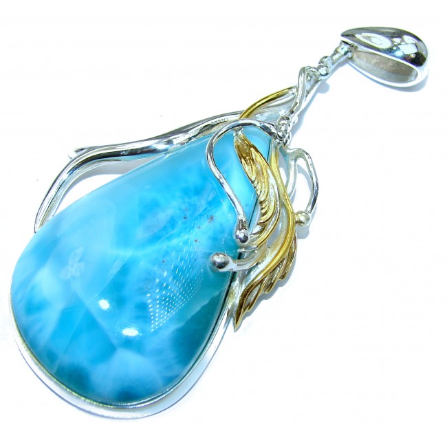 Large Perfectly Blue AAAAA quality Caribbean Larimar 14K Gold over .925 Sterling Silver handmade pendant