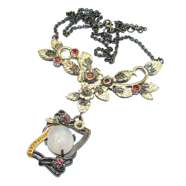 Floral Design Genuine Ruby Rose Gold over .925 Sterling Silver handmade necklace