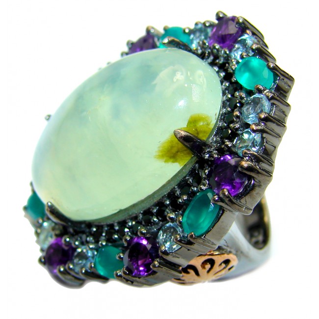 Natural Prehnite Emerald Black Rhodium over .925 Sterling Silver handcrafted Ring s. 6