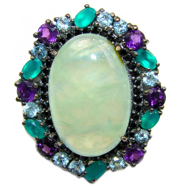 Natural Prehnite Emerald Black Rhodium over .925 Sterling Silver handcrafted Ring s. 6