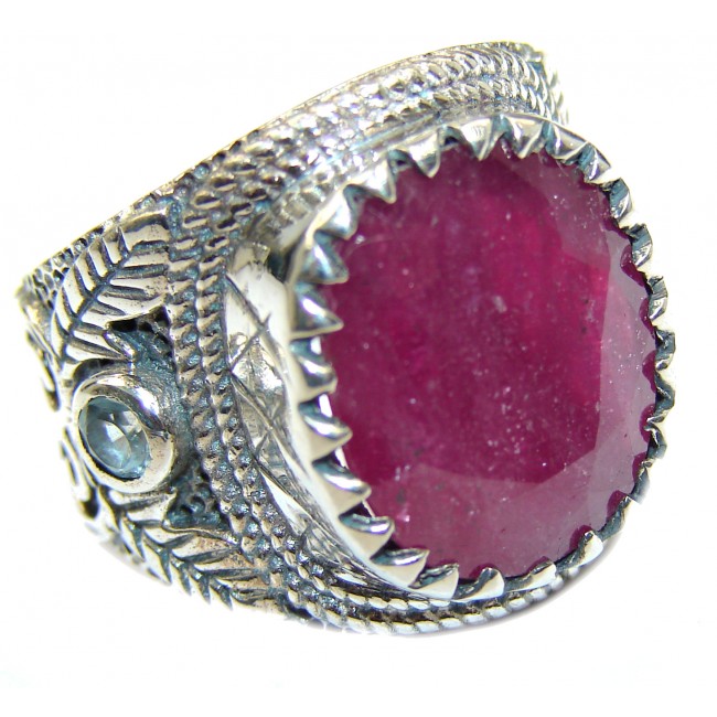 Large genuine Ruby oxidized .925 Sterling Silver Statement Italy made ring; s. 7 1/4