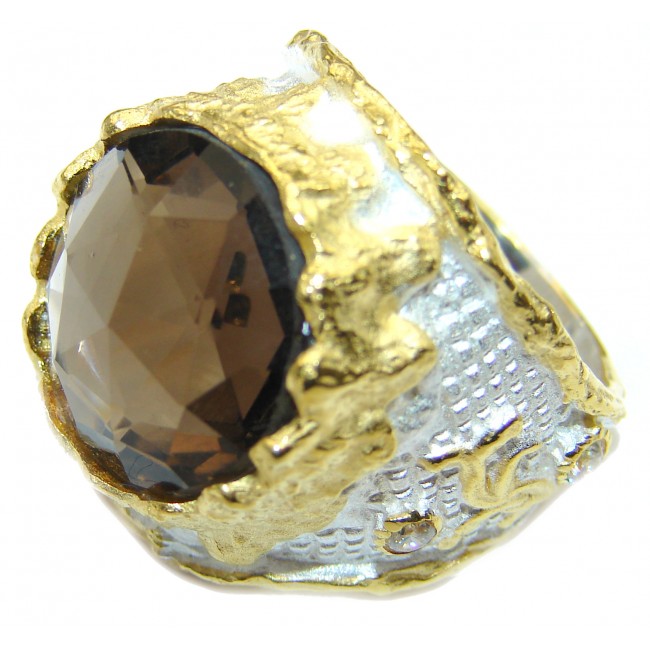 Very Bold Champagne Smoky Topaz 14K Gold over .925 Sterling Silver Ring size 8