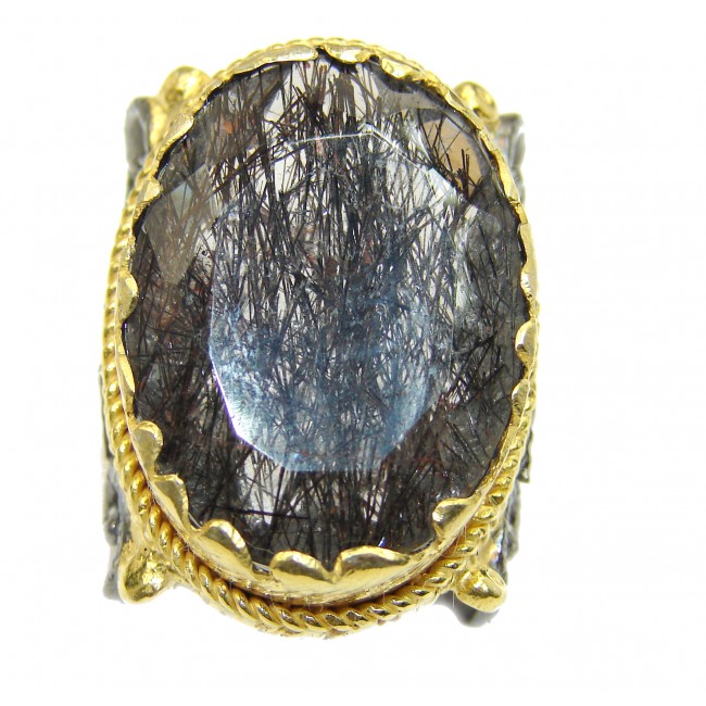 Mysterious Tourmalinated Quartz 14K Gold over .925 Sterling Silver handmad ring s. 4 1/4
