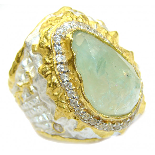 Huge Prehnite 14K Gold over .925 Sterling Silver Italy handmade Cocktail Ring s. 9