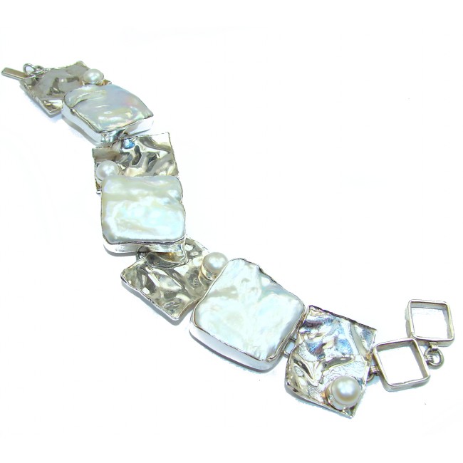 Pale Beauty Mother Of Pearl .925 Hammered handcrafted Sterling Silver Bracelet