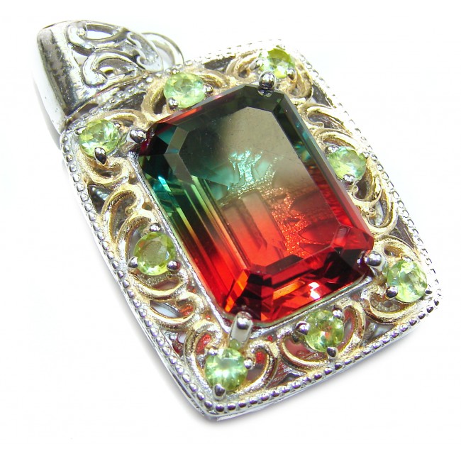 Deluxe Emerald cut Tourmaline color Topaz 14K Gold over .925 Sterling Silver handmade Pendant