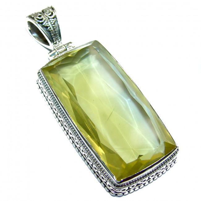 Emerald cut 108CT Genuine Lemon Quartz .925 Sterling Silver handcrafted pendant