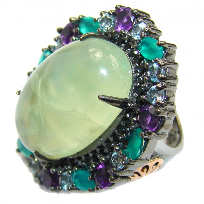 Natural Prehnite Emerald Black Rhodium over .925 Sterling Silver handcrafted Ring s. 7
