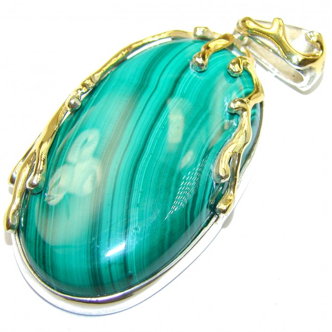 HUGE Top Quality Malachite 18K Gold over .925 Sterling Silver handmade Pendant
