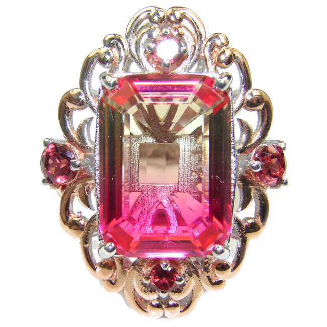 HUGE Emerald cut Volcanic Pink Touramaline Topaz .925 Sterling Silver handcrafted Ring s. 8 3/4