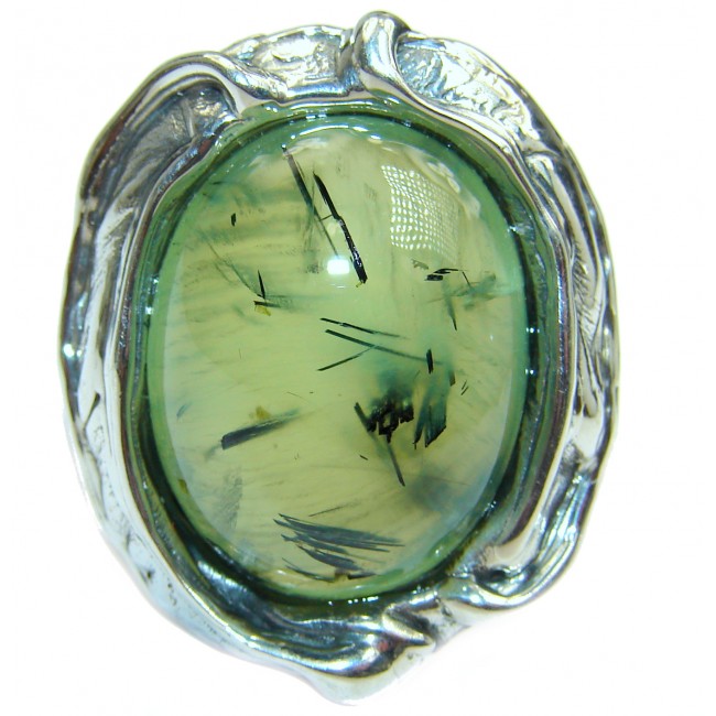 Huge Natural Moss Prehnite .925 Sterling Silver handmade ring s. 7 adjustable