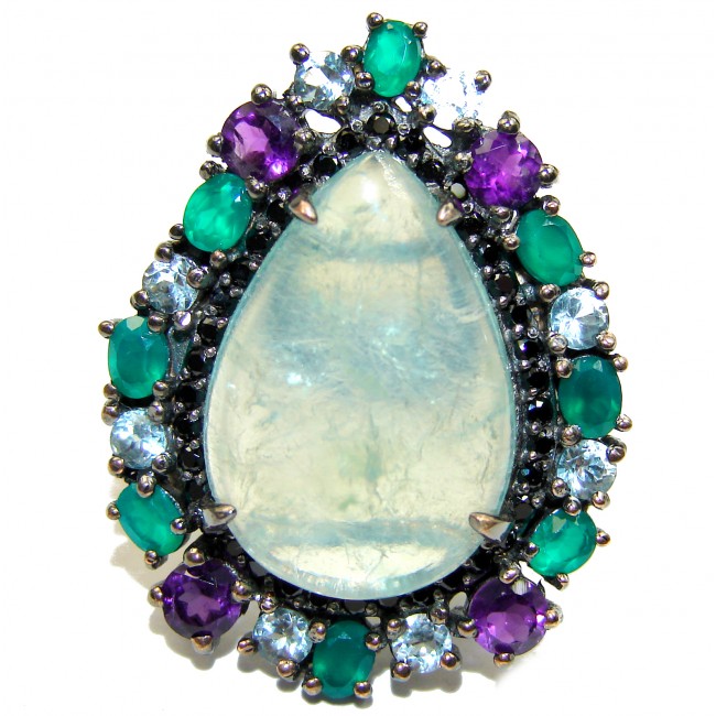 Natural Prehnite Emerald Black Rhodium over .925 Sterling Silver handcrafted Ring s. 6 3/4