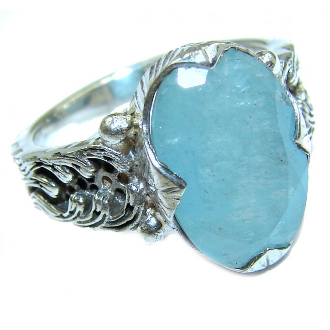 Antique Design Blue Aquamarine .925 Sterling Silver handmade ring s. 7 1/4