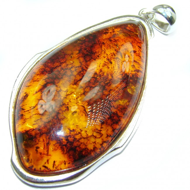 LARGE 2 7/8 INCHES long Natural Baltic Amber .925 Sterling Silver handmade Pendant