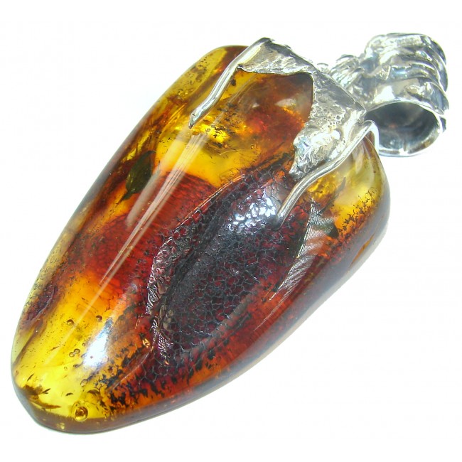 LARGE 2 3/4 INCHES long Natural Baltic Amber .925 Sterling Silver handmade Pendant
