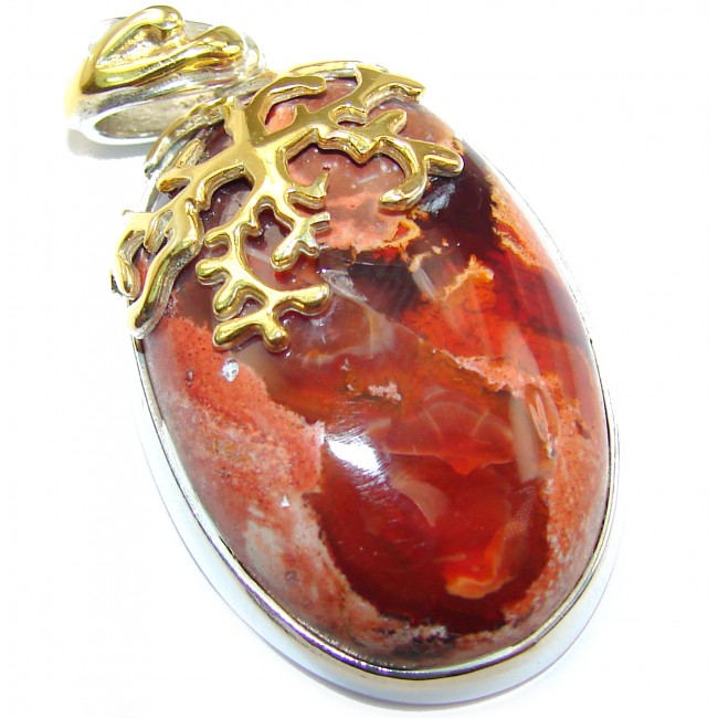 Unique Design Natural Mexican Fire Opal 18K Gold over .925 Sterling Silver handmade Pendant