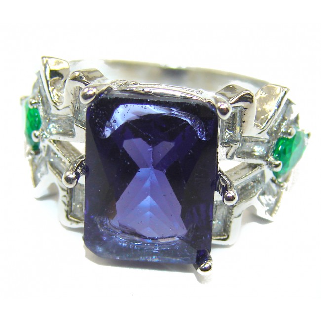 Large created Sapphire & White Topaz Sterling Silver ring; s. 7