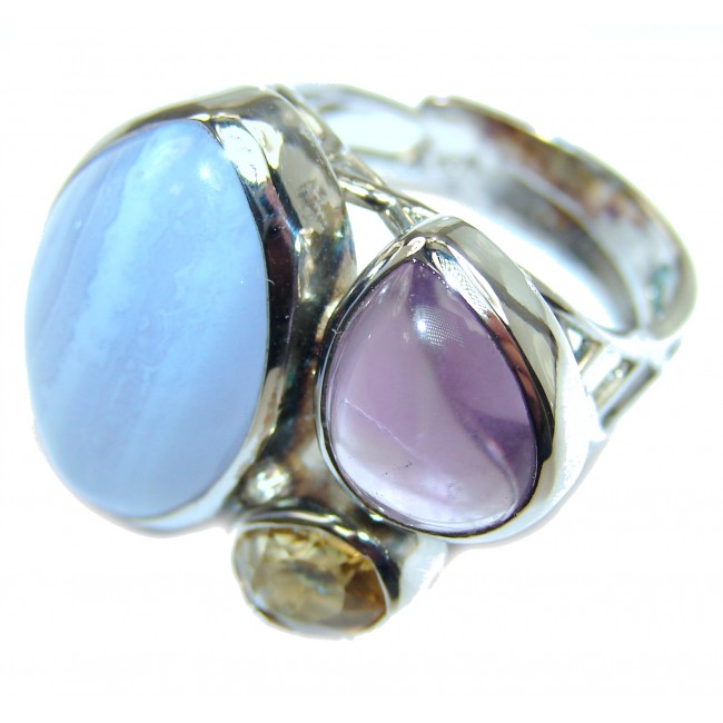 Excellent quality Crazy Lace Agate .925 Sterling Silver Ring s. 7 adjustable