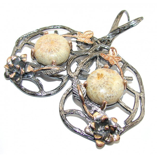 Huge 2 3/4 INCHES Boho Style Genuine Fossilized Coral .925 Sterling Silver handmade earrings