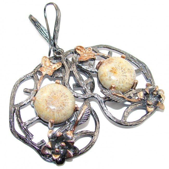 Huge 2 3/4 INCHES Boho Style Genuine Fossilized Coral .925 Sterling Silver handmade earrings