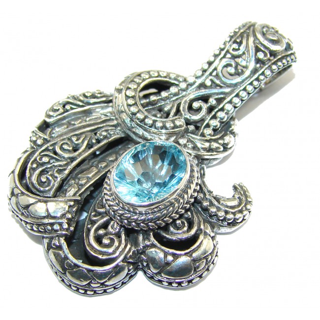 Fancy Swiss Blue Topaz .925 Sterling Silver Bali handcrafted Pendant