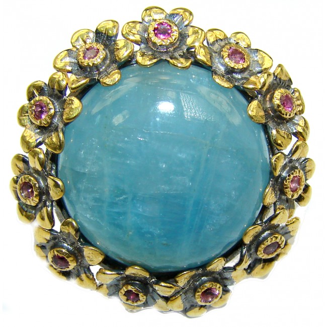 Antique Design Blue Aquamarine 14K Gold over .925 Sterling Silver handmade ring s. 8 3/4