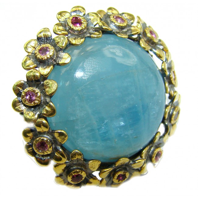 Antique Design Blue Aquamarine 14K Gold over .925 Sterling Silver handmade ring s. 8 3/4