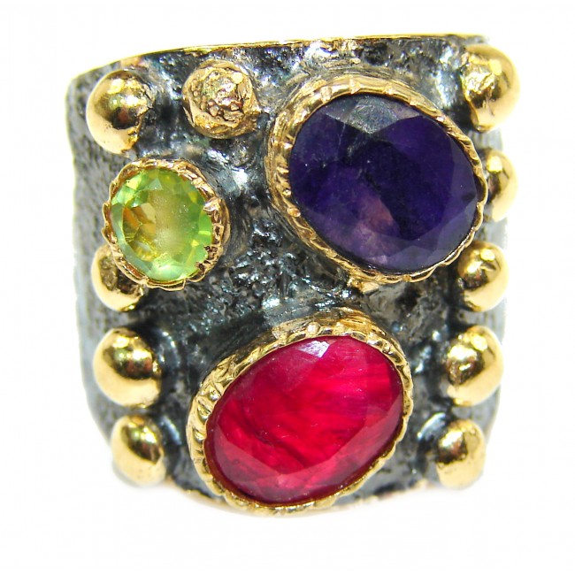 Large genuine Ruby 18K Gold over .925 Sterling Silver Statement Italy made ring; s. 6 1/4