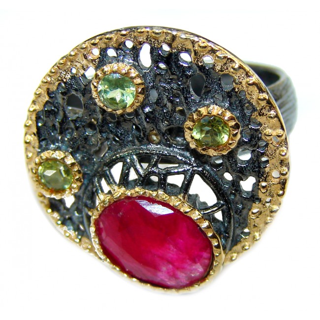 Large genuine Ruby 18K Gold over .925 Sterling Silver Statement Italy made ring; s. 6 adjustable