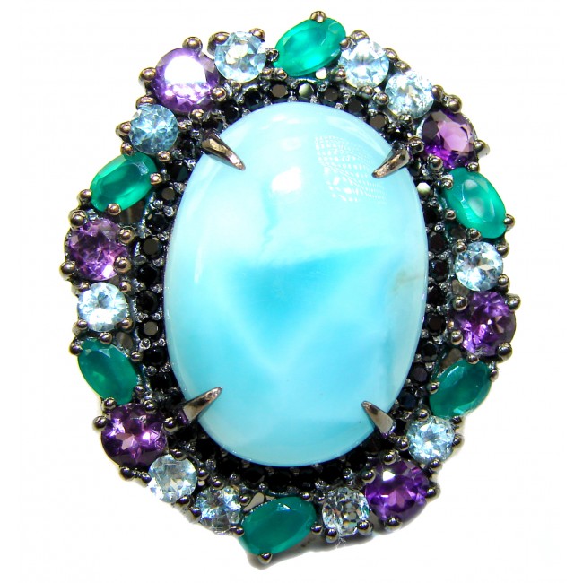 Natural Larimar Emerald Black Rhodium over .925 Sterling Silver handcrafted Ring s. 8