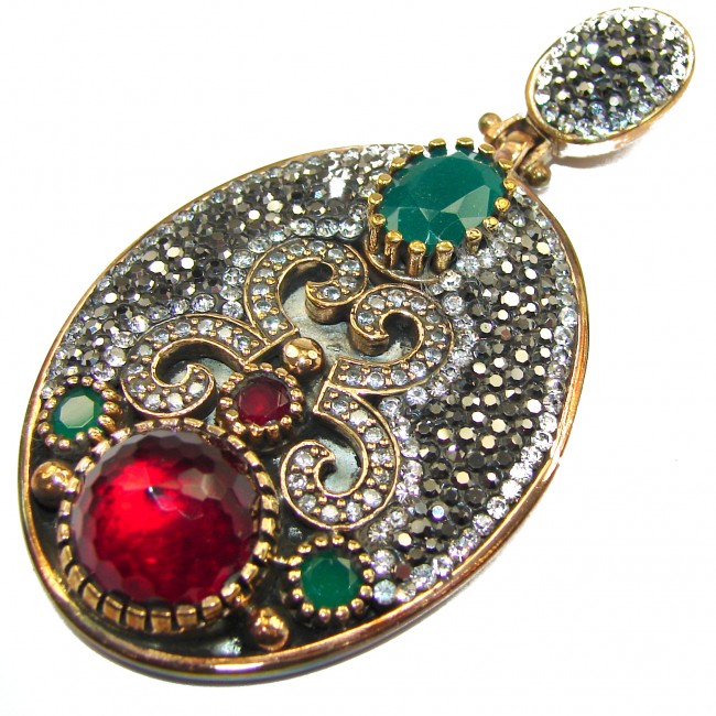 Victorian Style created Ruby Two tones .925 Sterling Silver handcrafted Pendant