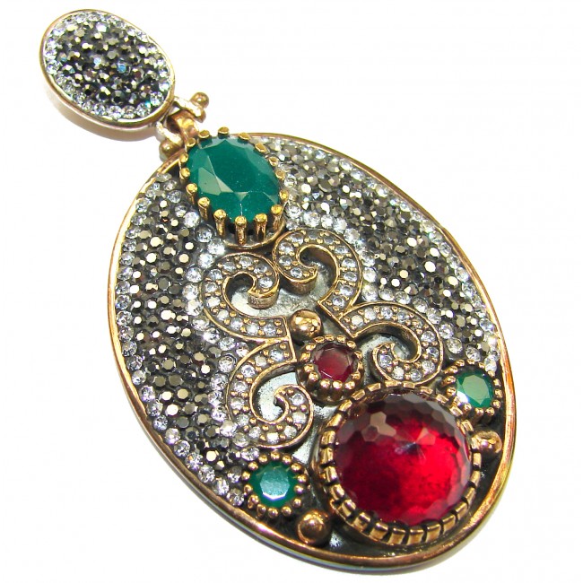 Victorian Style created Ruby Two tones .925 Sterling Silver handcrafted Pendant