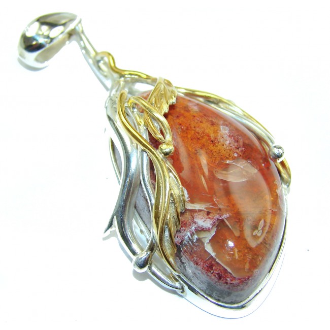 Unique Design Natural Mexican Fire Opal 18k Gold over .925 Sterling Silver handmade Pendant
