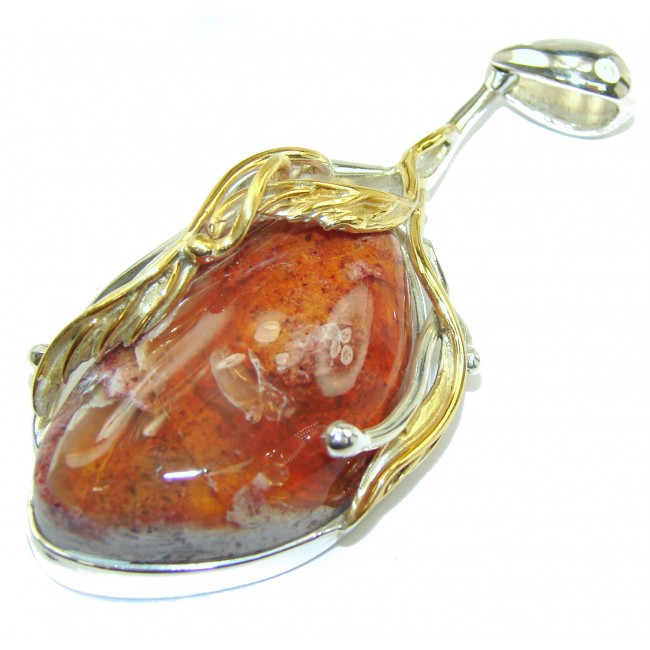 Unique Design Natural Mexican Fire Opal 18k Gold over .925 Sterling Silver handmade Pendant